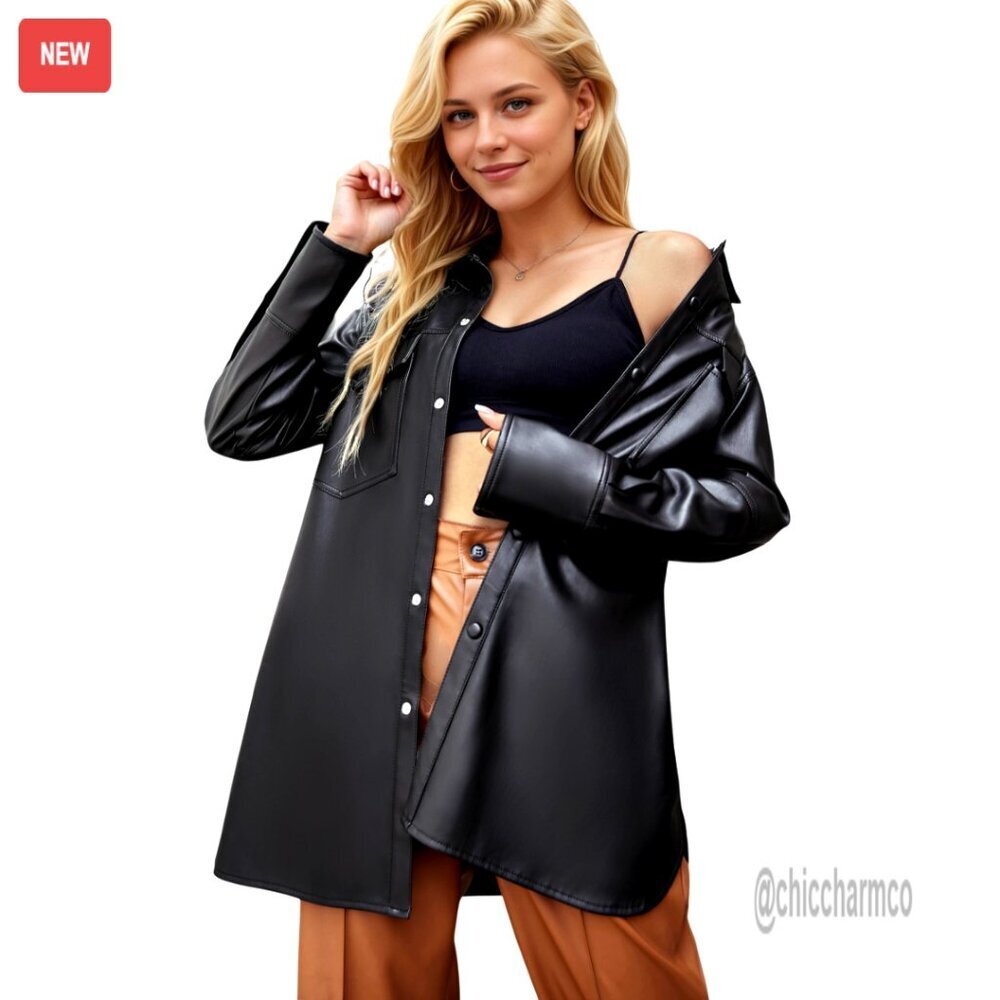 Faux Leather Shacket Button Down Lapel Long Sleeve with Pockets